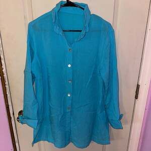 Fridaze Linen Turquoise Blue 100% Linen Tunic Button Up Long Sleeve Sz L